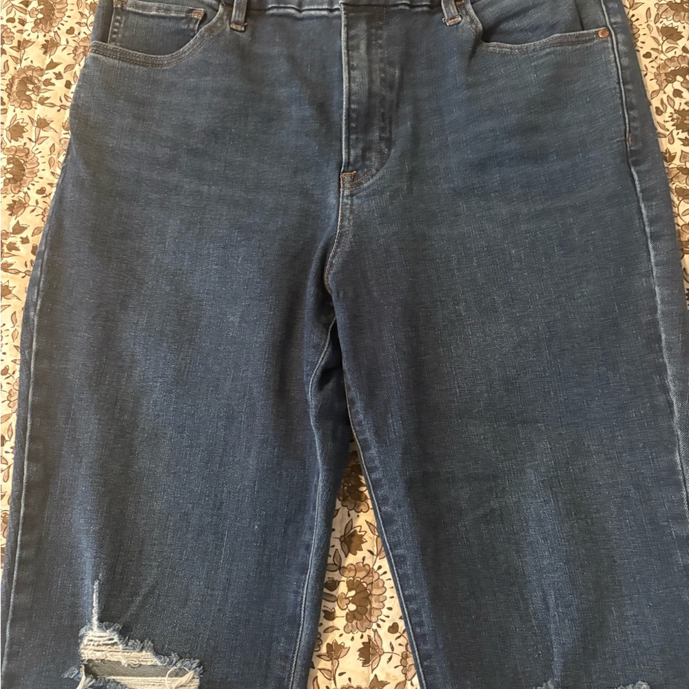 Express Dark Blue Crop Flare Jeans with Knee Rips - Picture 2 of 4